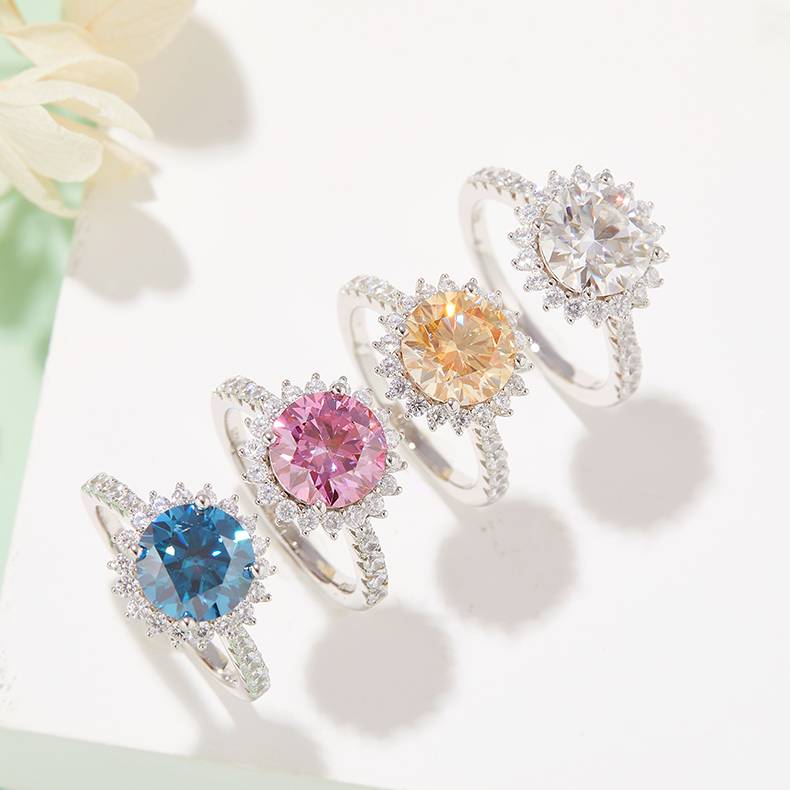 太阳花S925银镀白金MoissaniteWomen's Ring3.0ctD级